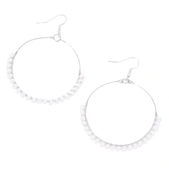 SILVER 60MM WHITE BEADED HOOP DROP EARRINGS - Picture 1 of 2